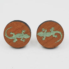 Load image into Gallery viewer, Dark Wood Green Gecko Lizard Stud Earrings - Handpainted and Handmade