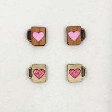 Load image into Gallery viewer, Mug of Love Stud Earrings - (Wooden Coffee Mug with Handpainted Love Hearts) - Handmade in the Australian Snowy Mountains