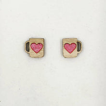 Load image into Gallery viewer, Mug of Love Stud Earrings (Wooden Coffee Mugs with Handpainted Love Hearts) - Handmade in the Australian Snowy Mountains