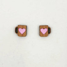 Load image into Gallery viewer, Mug of Love Stud Earrings (Wooden Coffee Mugs with Handpainted Love Hearts) - Handmade in the Australian Snowy Mountains