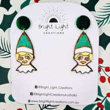 Load image into Gallery viewer, Green Christmas Elf Stud Dangle Earrings