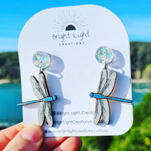 Load image into Gallery viewer, Blue Dragonfly Stud Dangle Earrings