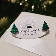 Load image into Gallery viewer, Dark Green Glitter Christmas Tree Stud Earrings