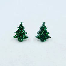 Load image into Gallery viewer, Dark Green Glitter Christmas Tree Stud Earrings