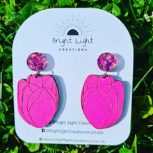 Load image into Gallery viewer, Pink Tulip Flower Stud Dangle Earrings