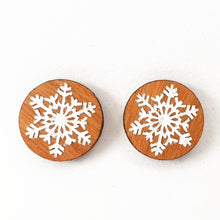 Load image into Gallery viewer, Handpainted Wooden Winter Snowflake Stud Earrings - Australian Handmade & Hypoallergenic