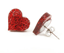 Load image into Gallery viewer, Red Glitter Heart Stud Earrings