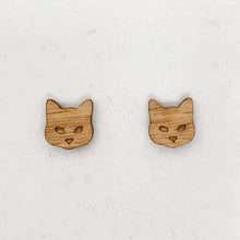 Load image into Gallery viewer, Light Wood Cat face Stud Earrings