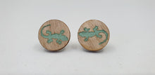 Load image into Gallery viewer, Light Wood Green Gecko Lizard Stud Earrings - Handpainted and Handmade