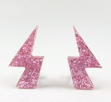 Load image into Gallery viewer, Pink Glitter Ligtning Bolt Stud Earrings