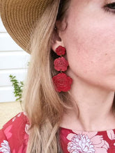 Load image into Gallery viewer, Red Rose Stud Dangle Earrings