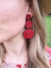 Load image into Gallery viewer, Red Rose Stud Dangle Earrings