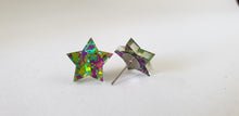 Load image into Gallery viewer, Green/Purple Confetti Glitter Star Stud Earrings