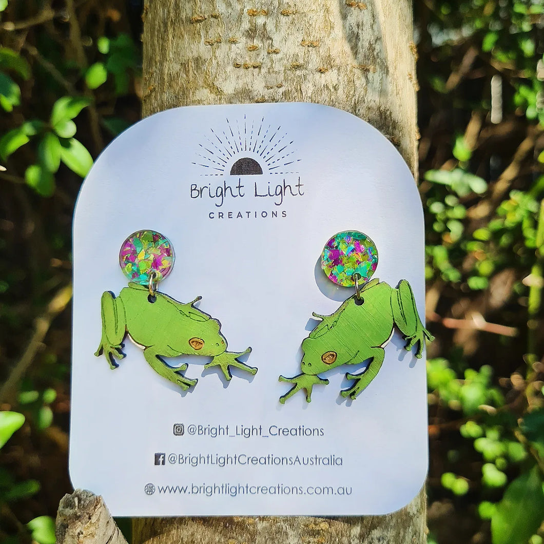 Australian Green Tree Frog Stud Dangle Earrings
