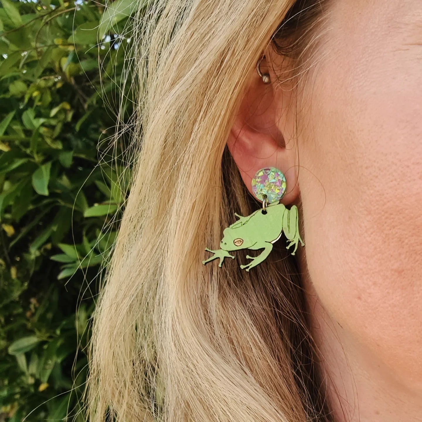 Australian Green Tree Frog Stud Dangle Earrings – Bright Light - Main Image
