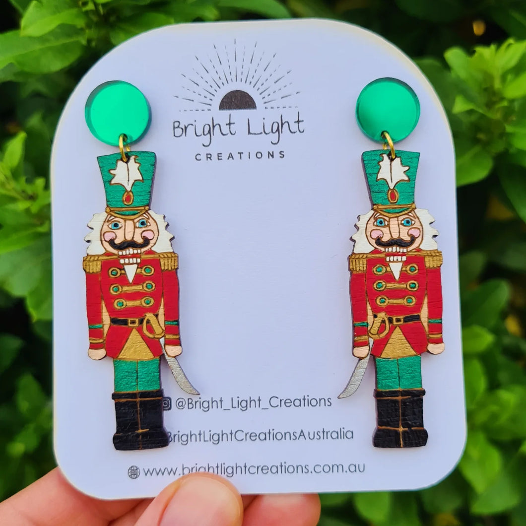 Green Christmas Nutcracker Soldier Stud Dangle Earrings