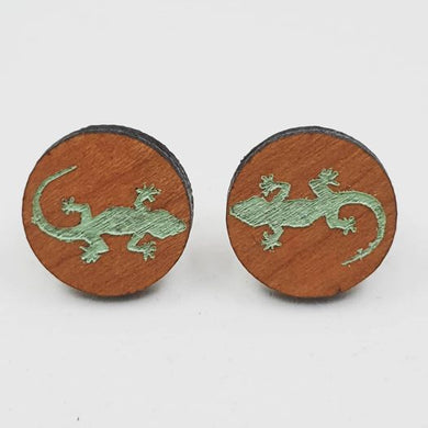 Dark Wood Green Gecko Lizard Stud Earrings - Handpainted and Handmade