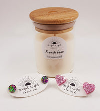 Load image into Gallery viewer, French Pear Scented Soy Wax Candle and Hypoallergenic Acyrlic Earrings Gift Pack - Handpoured and Handmade in the Australian Snowy Mountains
