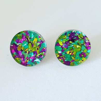 Confetti Glitter Purple/Green Round Stud Earrings