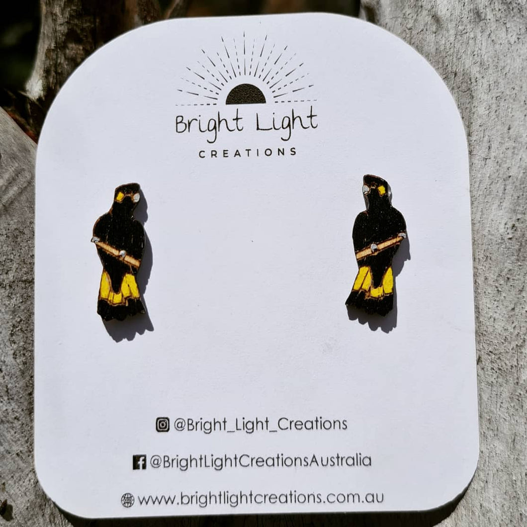 Yellow-tailed Black Cockatoo Stud Earrings