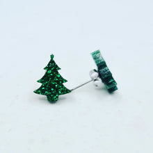 Load image into Gallery viewer, Dark Green Glitter Christmas Tree Stud Earrings
