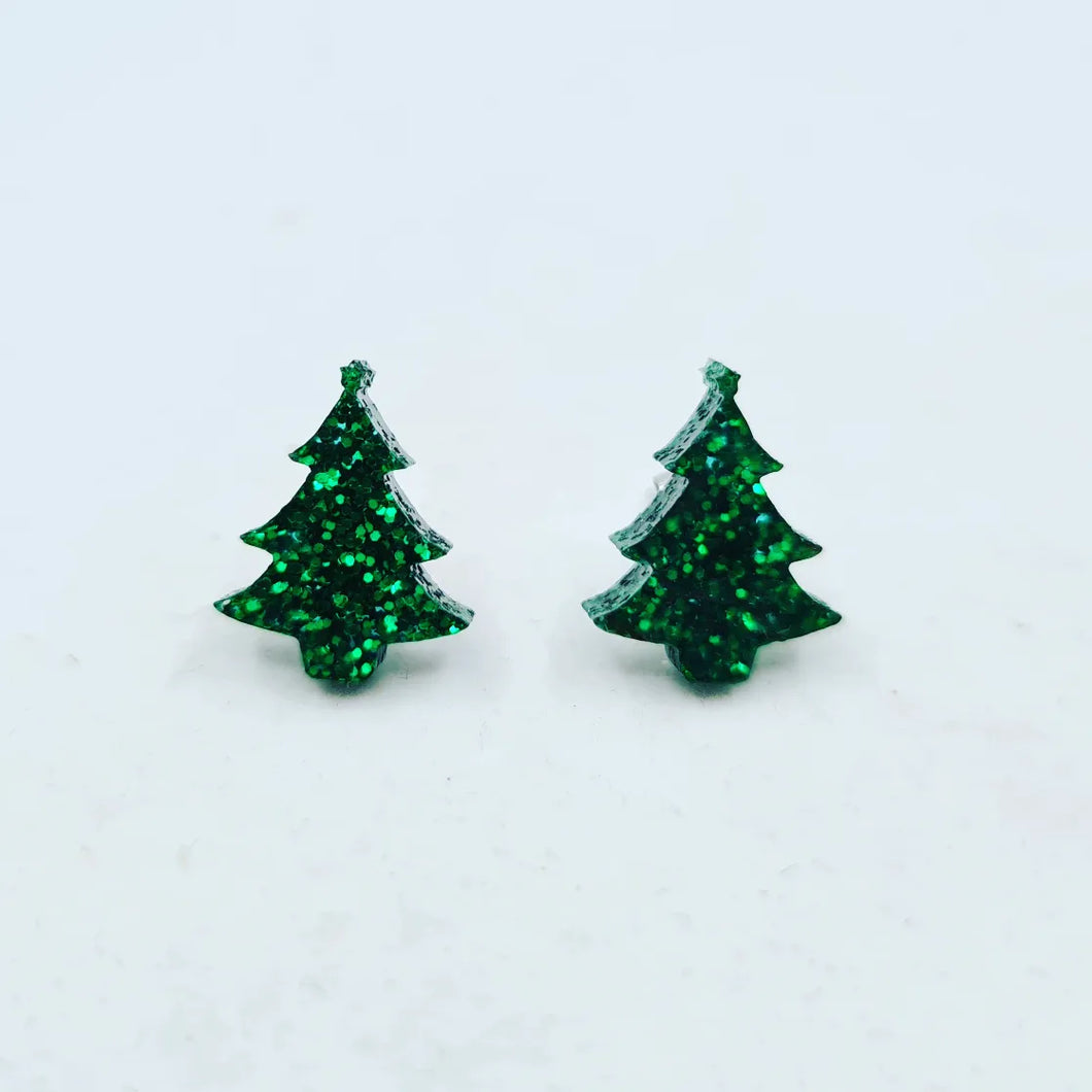 Dark Green Glitter Christmas Tree Stud Earrings