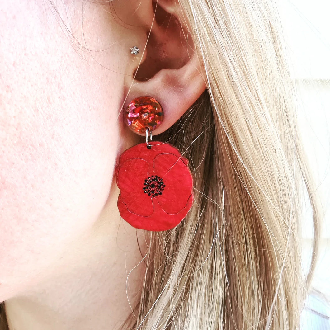 Red Poppy Flower Stud Dangle Earrings