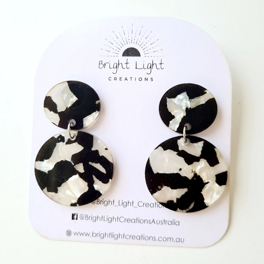 Retro Black and White Tortoise Shell Statement Stud Dangle Earrings