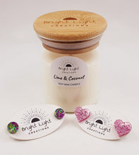 Load image into Gallery viewer, Lime &amp; Coconut Scented Soy Wax Candle and Hypoallergenic Acyrlic Earrings Gift Pack - Handpoured and Handmade in the Australian Snowy Mountains
