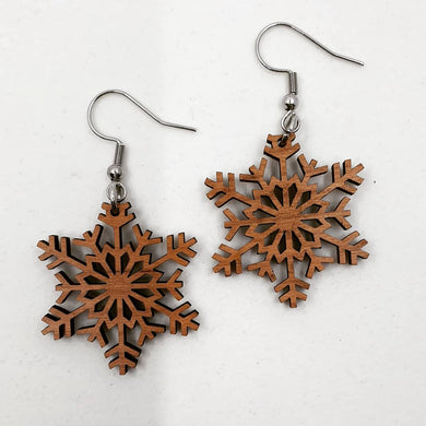 Wooden Winter Snowflake Hook Dangle Earrings - Australian Handmade & Hypoallergenic