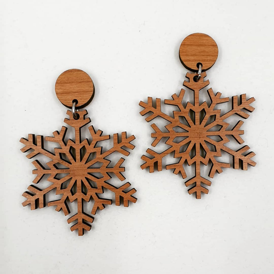 Wooden Winter Snowflake Stud Dangle Earrings - Australian Handmade & Hypoallergenic