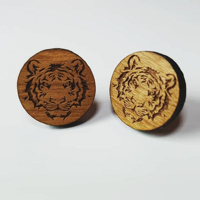 Wooden Tiger Face Stud Earrings