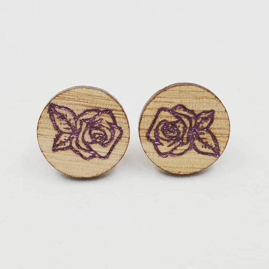 Wooden Purple Rose Flower Stud Earrings - Australian Handmade & Hypoallergenic