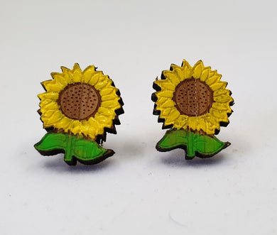Handpainted Dark Wood Sunflower Stud Earrings - Australian Handmade & Hypoallergenic