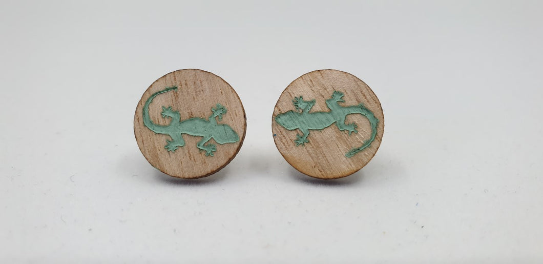 Light Wood Green Gecko Lizard Stud Earrings - Handpainted and Handmade