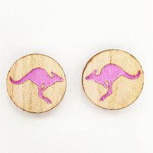 Load image into Gallery viewer, Pink Kangaroo/Skippy Stud Earrings - Eucalpt light wood - Handmade &amp; Handpainted in the Australian Snowy Mountains
