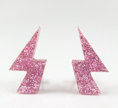 Pink Glitter Ligtning Bolt Stud Earrings