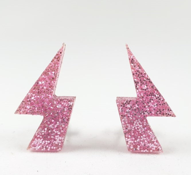 Pink Glitter Ligtning Bolt Stud Earrings