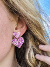 Load image into Gallery viewer, Pink Glitter Heart Stud Dangle Earrings
