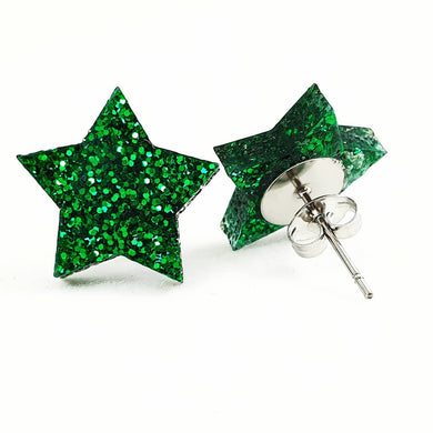 Green Glitter Star Stud Earrings